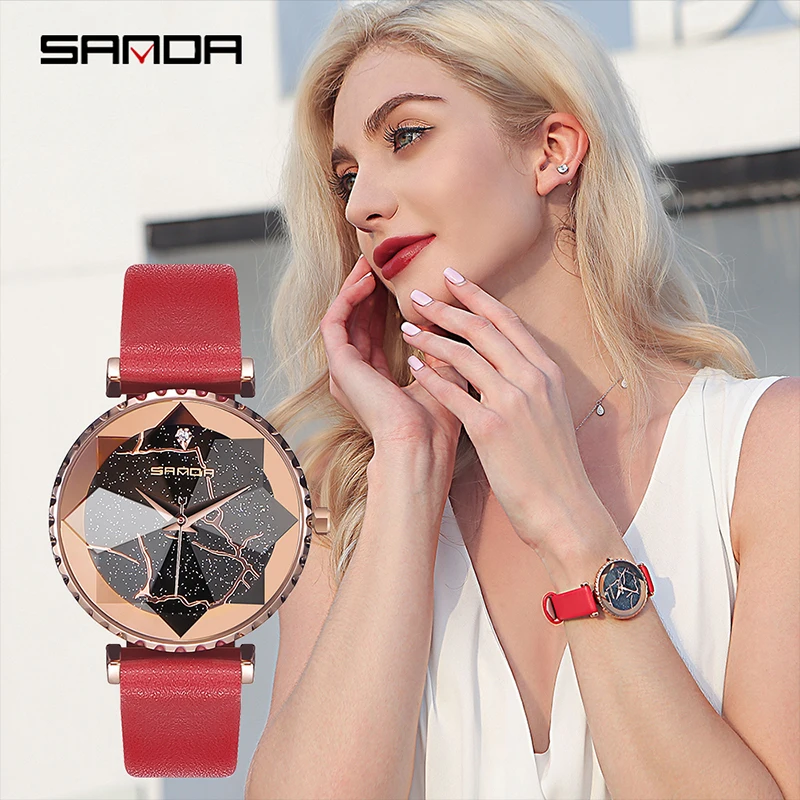 

SANDA 2019 Leather Women Watches Ladies Luxury Brand Crystal Wrist Watch Dress Female Clock Relogio Feminino Montre Femme