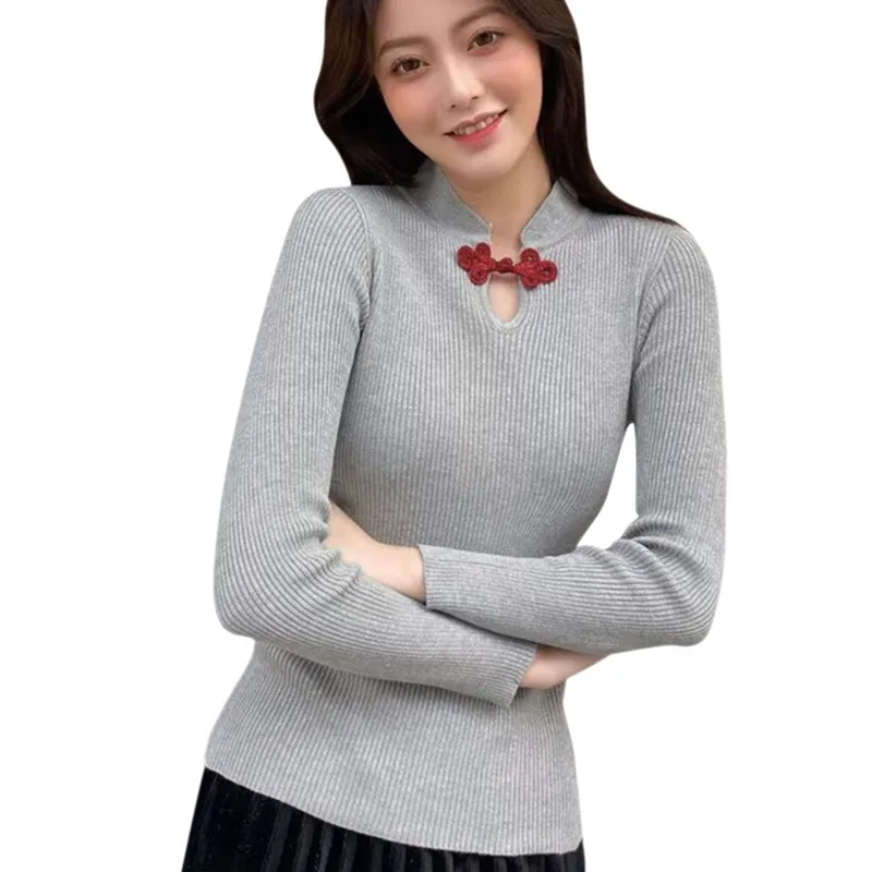 

Женский пуловер с длинными рукавами, облегающий пуловер с пряжкой в стиле ретро, одежда для весны, 2021