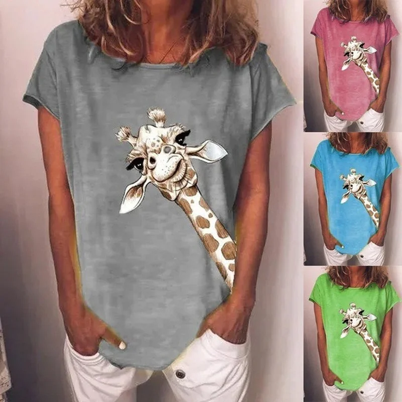 

Женская летняя модная удобная Милая одежда с принтом жирафа;», футболка с круглым вырезом и короткими рукавами модная повседневная Уличная ...