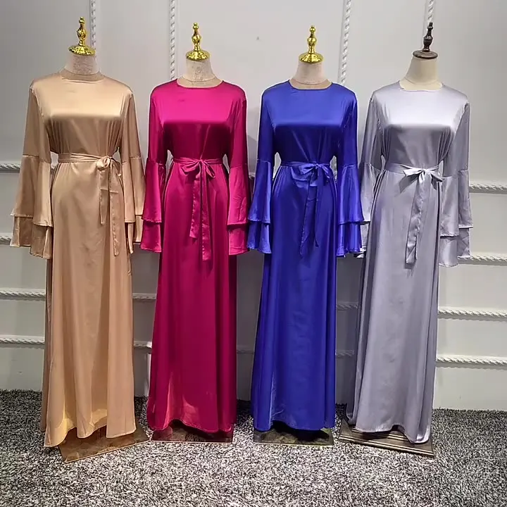

Middle Eastern Muslim Clothing Pure Color Large Size Double Layer Satin Silk Trumpet Sleeve Robe Women's Long Dress