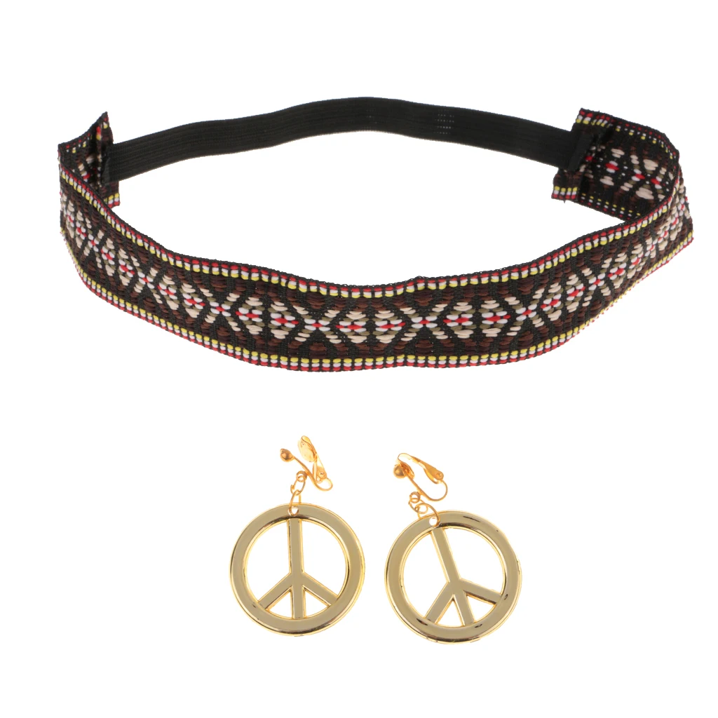 

Boho Hippie Embroidered Headband & Gold Peace Symbol Earrings Costume Accessories