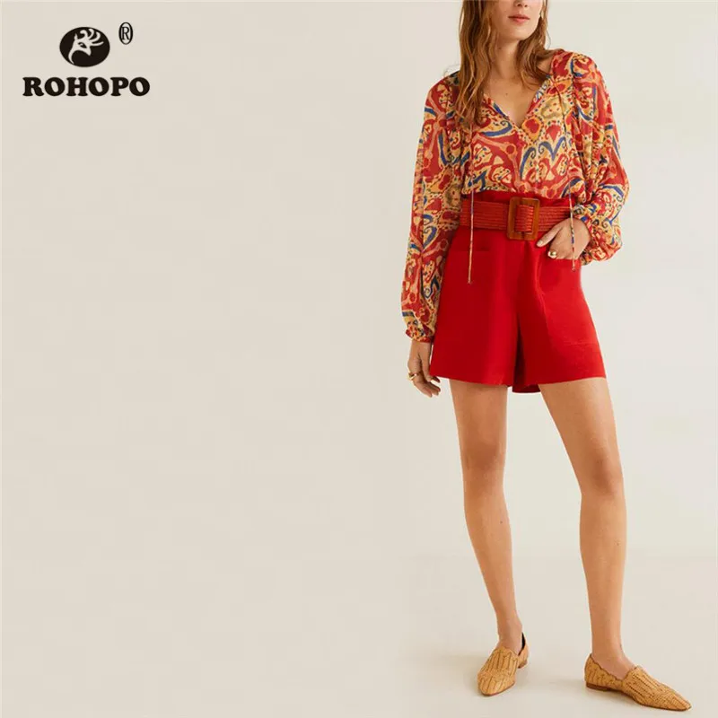ROHOPO Puff с длинным рукавом повязки V воротник печатных блузка шифон старинные