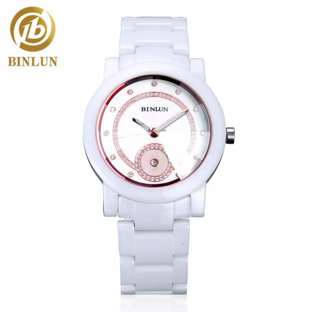 

Часы BINLUN Мужские кварцевые с керамическим ремешком, водонепроницаемые черные, с календарем и стразами