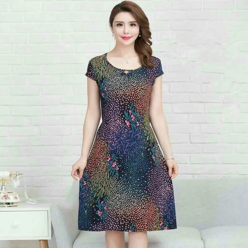 XL-5XL, женская одежда, платья с принтом, туника, длинное повседневное хлопковое платье с круглым вырезом, короткие рукава, до середины икры размера плюс, свободные платья - Цвет: 3
