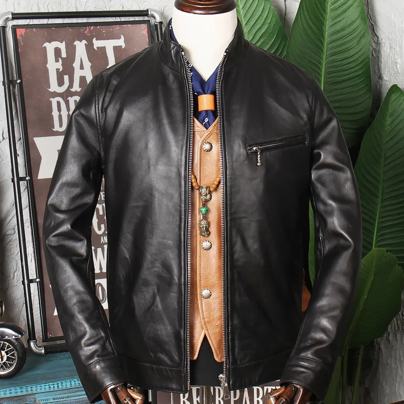 

Haining Leather Men's leather sheep's leather middle-aged autumn and winter leather jacket Plush thickened middle-aged and