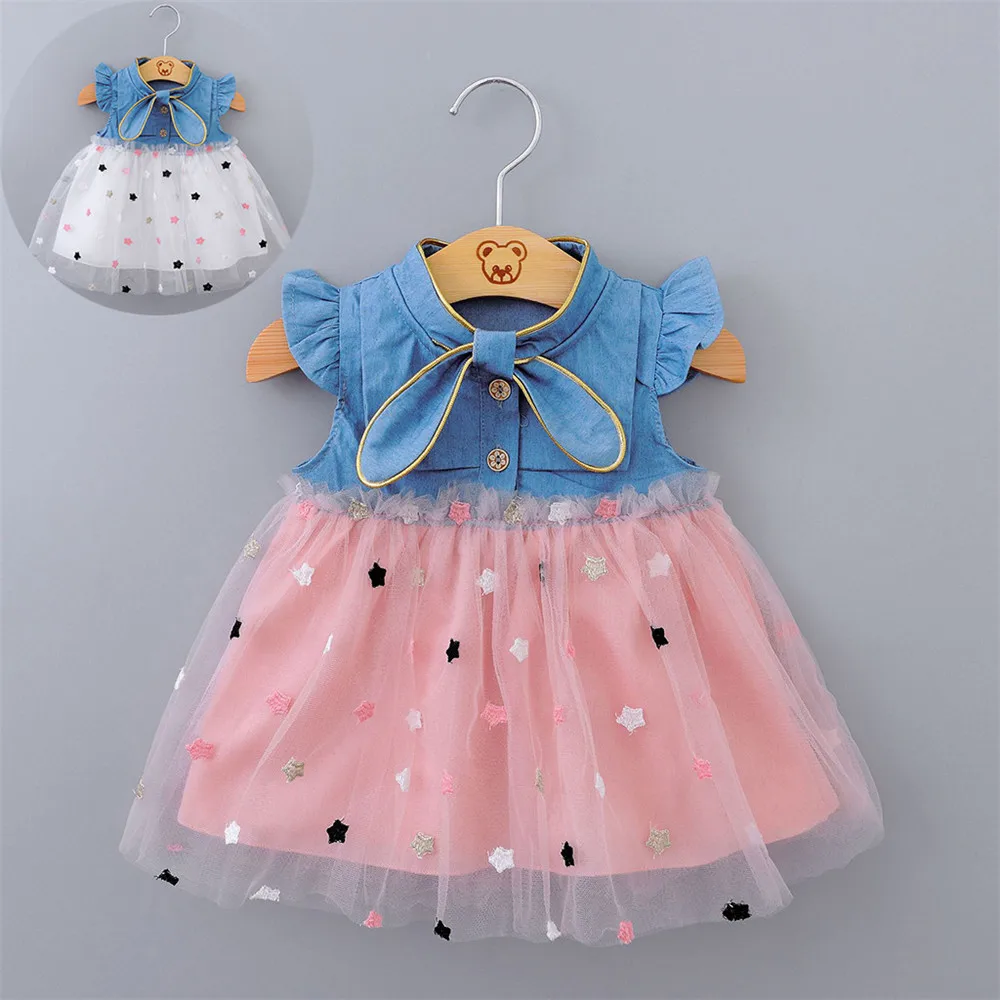 Детское джинсовое платье без рукавов с цветочным принтом и бантом|Платья| |