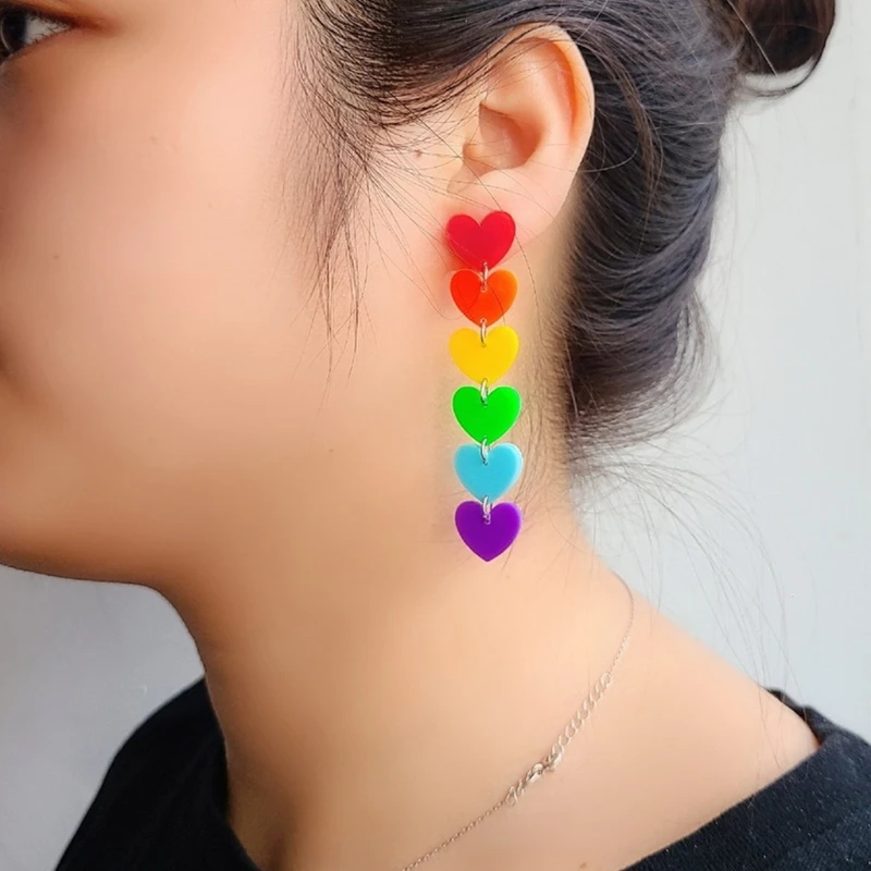 

Fashion Rainbow Color Long Tassel Acrylic Earrings for Women Lovely Mini Peach Heart Exaggerated Ear Pendant Dangles