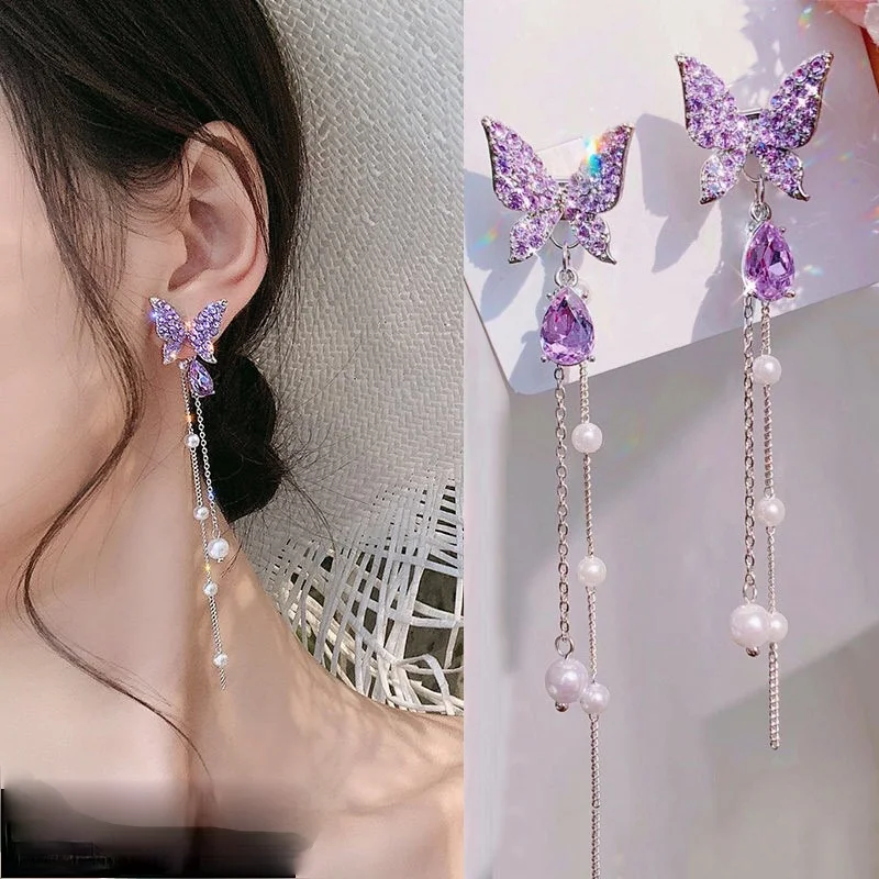 

1 Pair Fashion Shiny Butterfly Rhinestone Earrings Charm Women Elegant Long Pearl Tassel Chain Drop Earring Party Jewelry