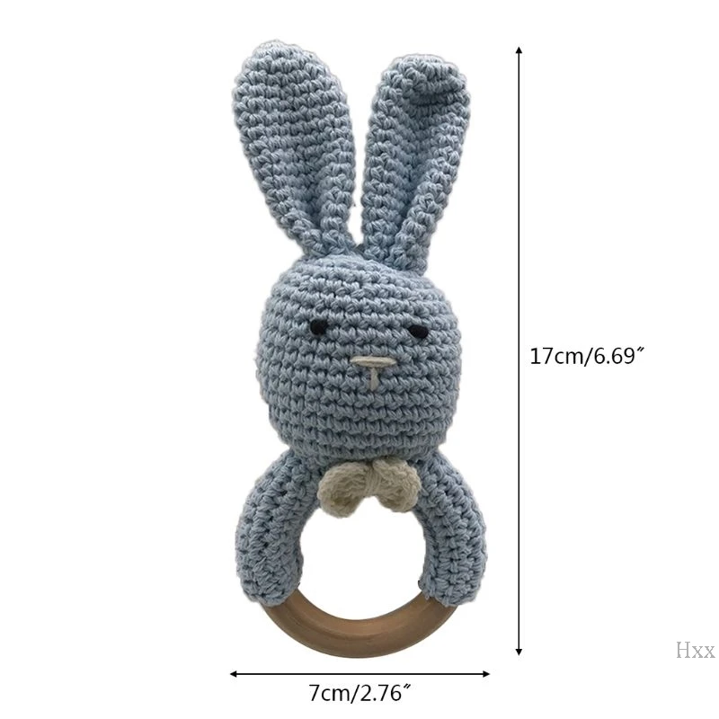 

New Baby Bunny Ear Teether Newborn Sensory Toy Wooden Cotton Crochet Teething Ring Shower Gift