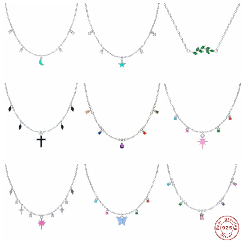 

Aide 925 Sterling Silver Enamel Star Moon Cross Pendant Necklaces Colorful Zircon Beads Drop Oil Butterfly Charm Leaf Choker