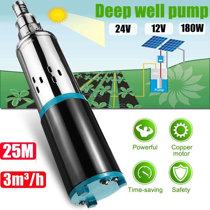 Bomba de agua Solar de alta elevación, dispositivo sumergible de tornillo de CC, 12V/24V, 25m, 180W, para jardín, hogar, riego agrícola