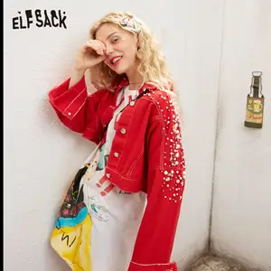 ELFSACK повседневная женская короткая джинсовая куртка белого цвета с бусинами 2020 Весенняя красная винтажная однобортная Корейская женская верхняя одежда