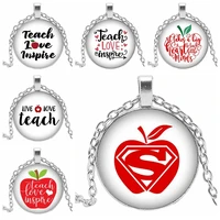 2019 new hot art charm teacher gift apple pendant round photo glass cabochon necklace gift sweater chain