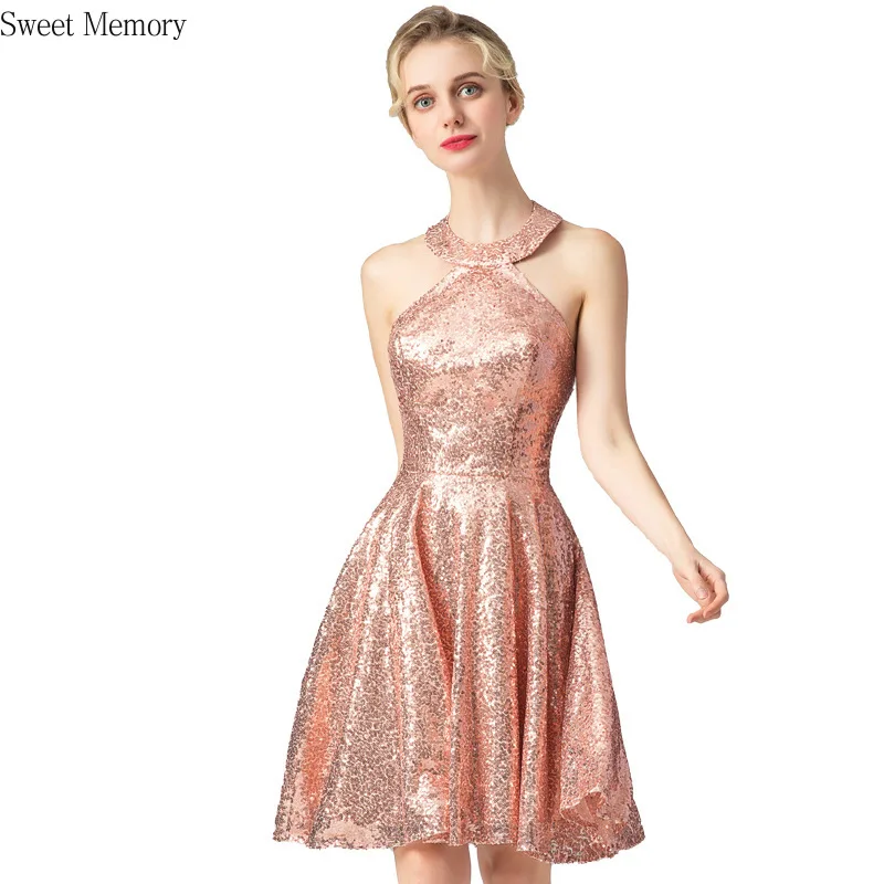 

N0123 Summer Autumn Women Backless Halter Sequin Evening Dresses Short Graduation Vestidos Prom Clubbing Robe Sweet Memory