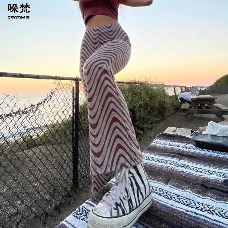 

DUOFAN Women Wave Pattern Pant 2021 Autumn Women Loose Casual High Waisted Long Pant Y2k Style Vintage Streetwear Trousers