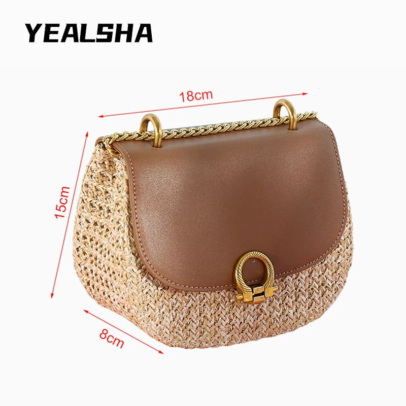 

Vacation Arc-Shaped Clamshell Straw Woven Shoulder Bag Retro Leather Diagonal Saddle Bag