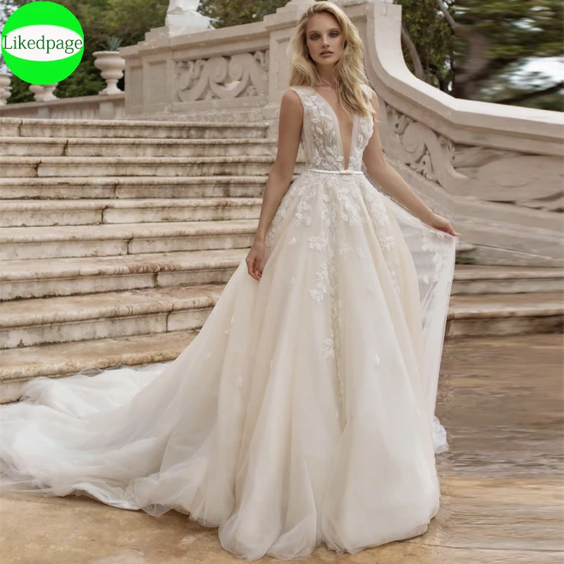 

2021 Wedding Dress Boho A Line Vestidos De Novia Sexy Robe Mariage V Neck Lace Appliques Sweep Train Bride Gown Trouwjurk Boda