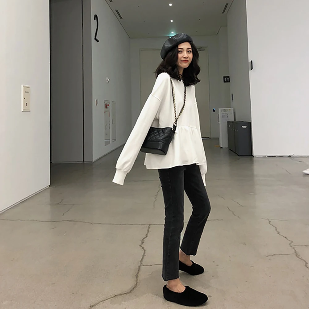 Women Solid Color Blouse Long Sleeve O Neck Large Hem Loose Sweatshirt Pullover