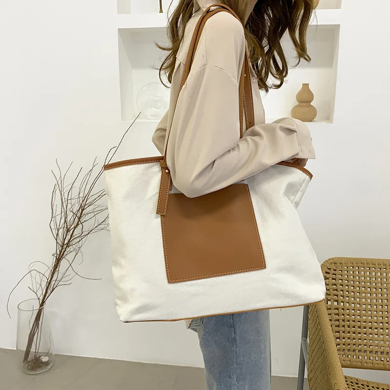 

Сумка на одно плечо в Корейском стиле для покупок, простой контрастный цвет, вместительная холщовая Сумочка, Модный женский саквояж