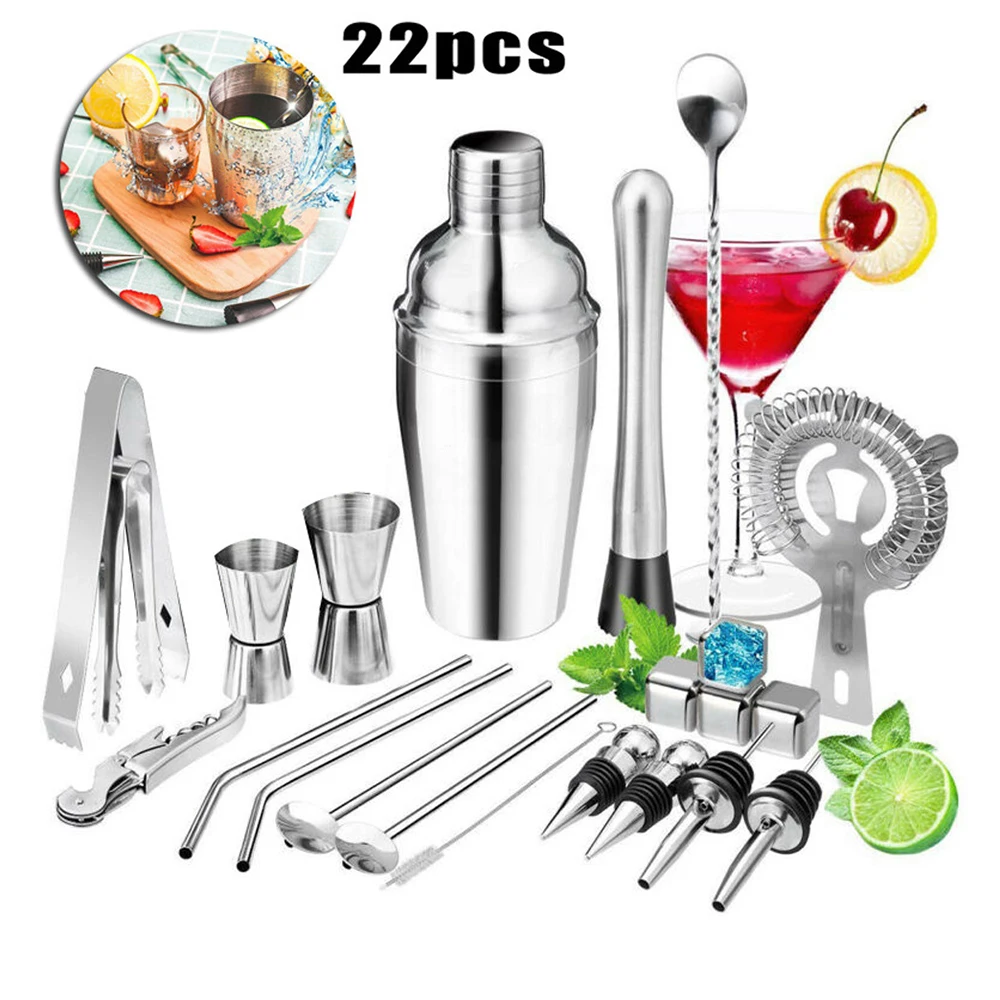 

22PCS Cocktail Shaker Tools Kit Stainless Steel Cocktail Whisk Bar Tools Martini Wine Shaker Cocktail Tool For Party 550ML 750ML