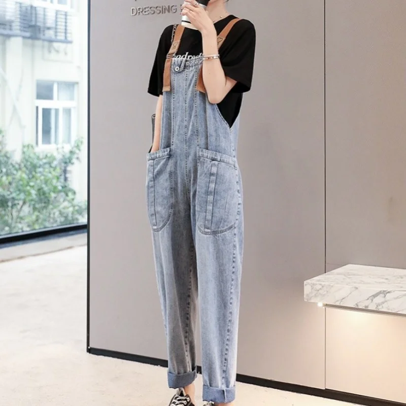 

Boyfriend Style Women Loose Fit Long Jeans Overalls Strap Pocket Casual Streetwear Female Denim Bib Pants Female Cargo Jumpsuit