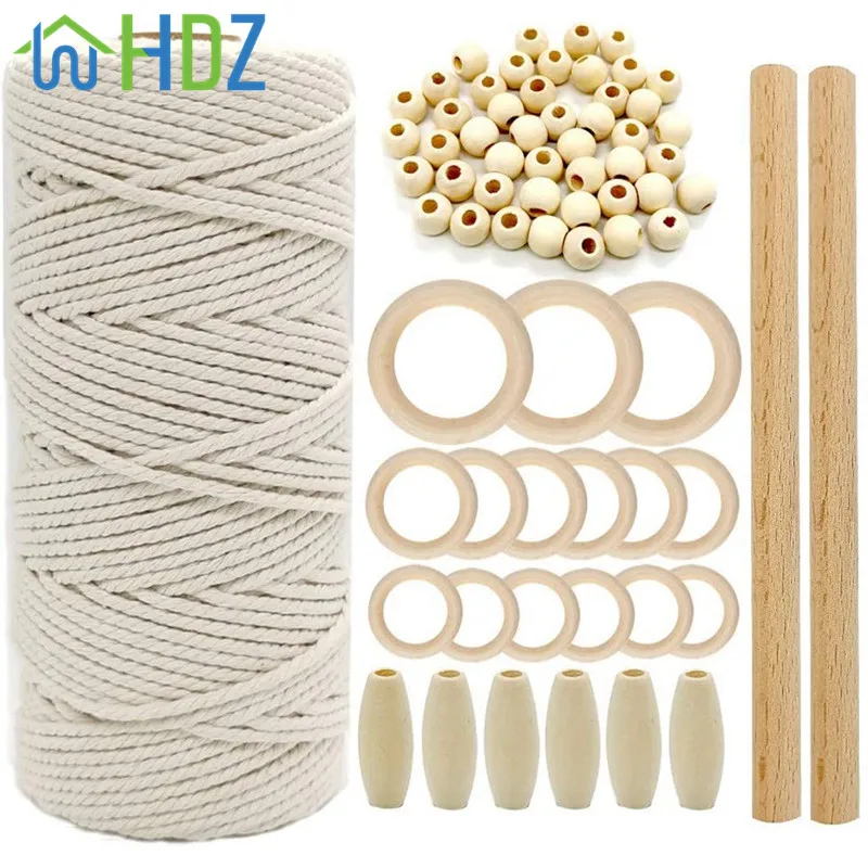 

WHDZ Cord Natural Cotton Rope m with Wood Ring Wood Stick for DIY Teether Macrame Kit Wall Hanging Plant Hanger