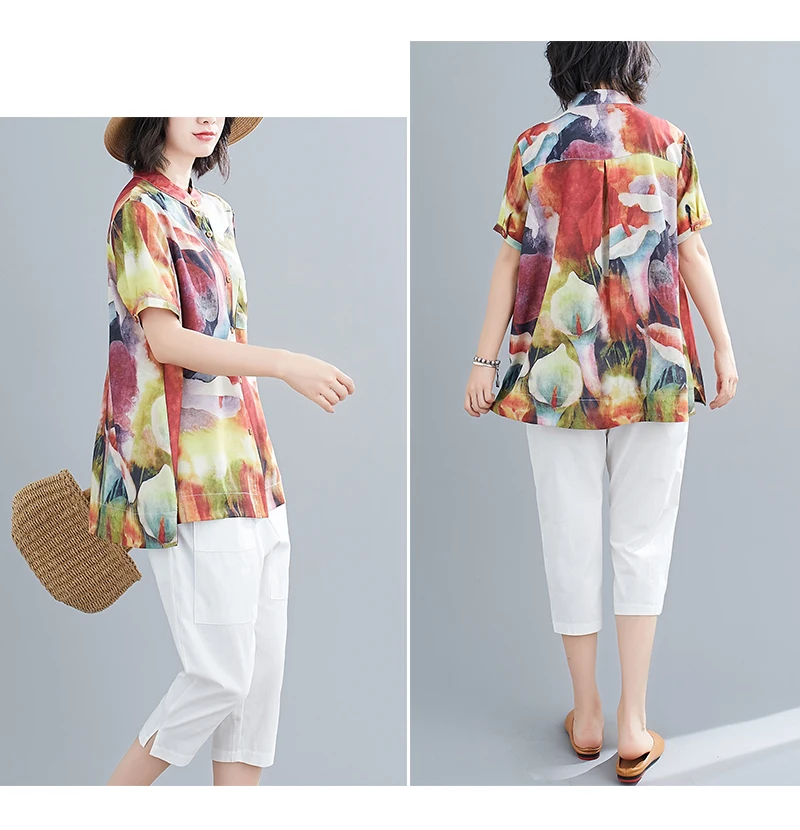 

Houthion Cotton Hemp Women's Blouses Short Sleeve Top Plus Size Shirt Printed New Korean Casual Tops Fashion Blouse Button