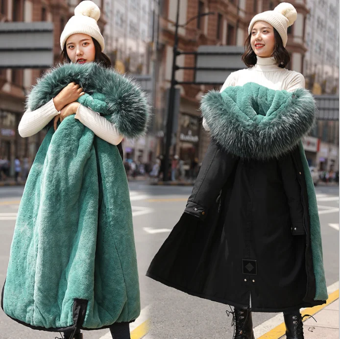 

The new Korean version of the long section plus velvet coat Slim ladies hooded long-sleeved warm cotton coat women's jacket
