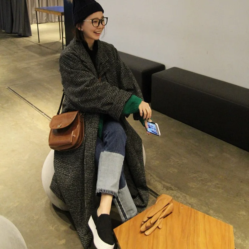 Женское однобортное пальто в клетку Johnature Свободное длинное шерстяное Корейском