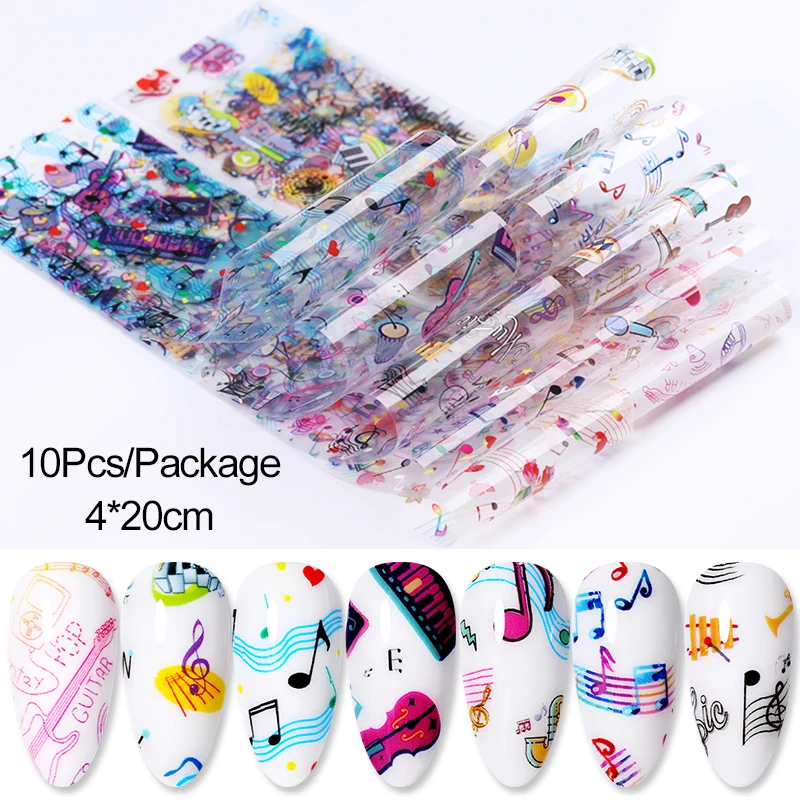 10Pcs Music Symbol Pattern Foil Nails Guitar Singer Christmas Halloween Adhesive Nail Art Stickers Slider Decoration Wraps | Красота и