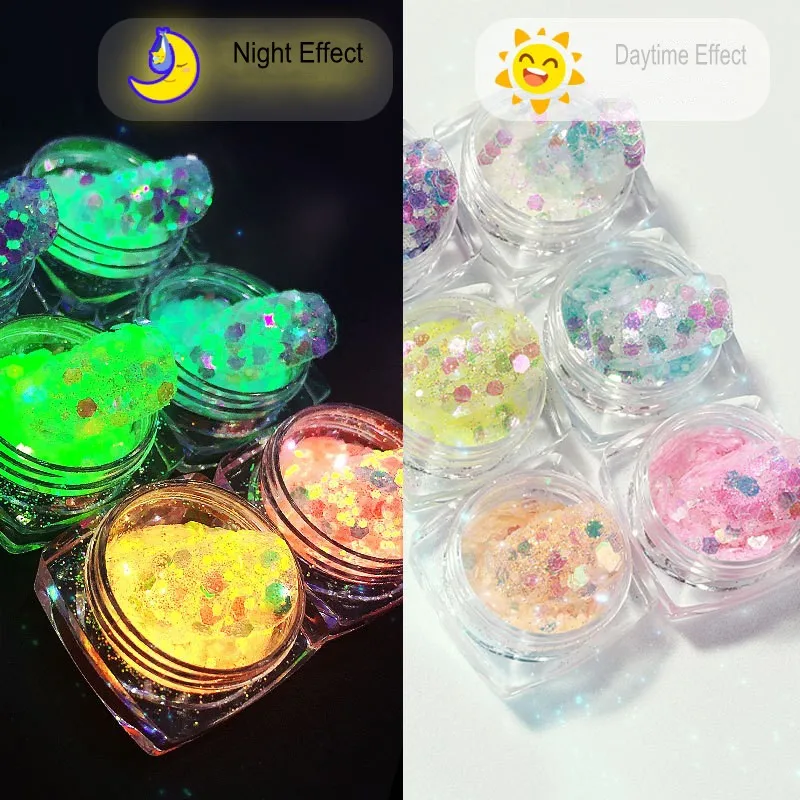 

6 Boxes Luminous Nail Glitter Mixed Size Hexagon Fluorescent Flakes Glow in the Dark Sequins For 3D DIY Nails Art Decorations
