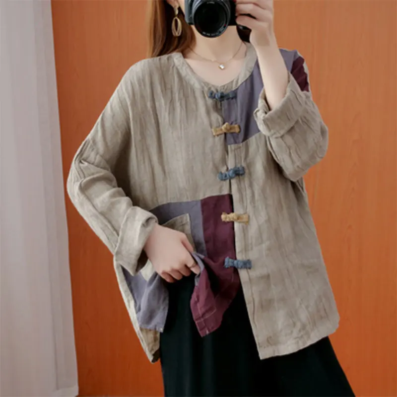 Блузка женская из хлопка и льна с длинным рукавом на пуговицах в стиле пэчворк