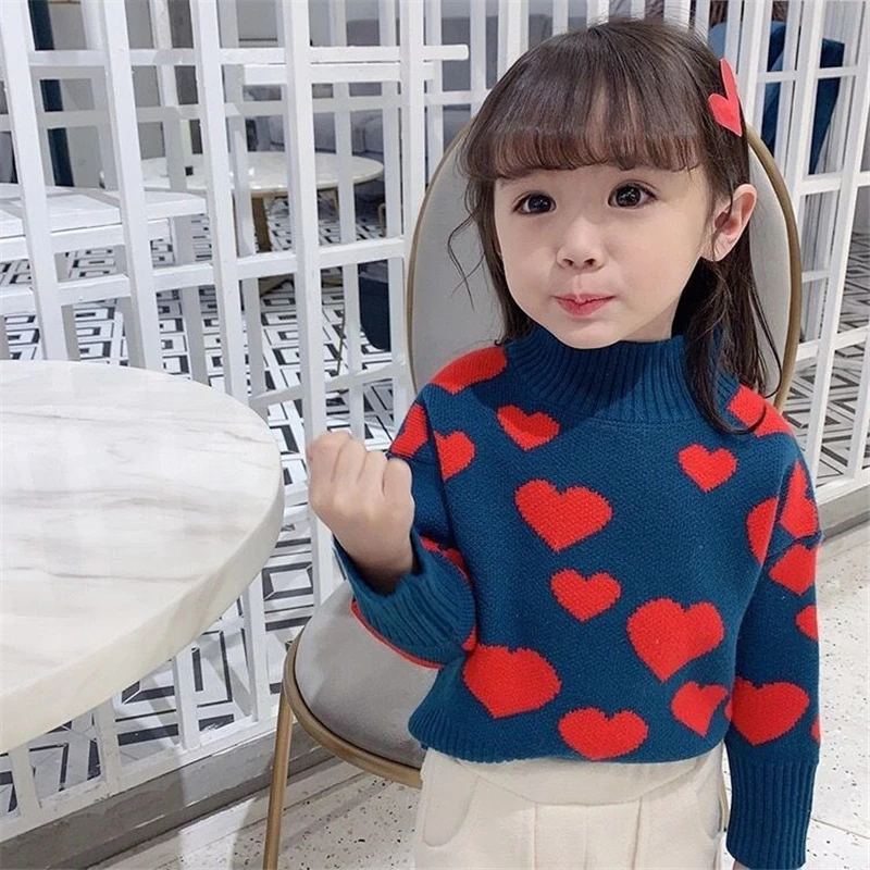 

New Heart Sweater Winter Spring Girls Turtleneck Casual Tracksuit Children Suits Kids Teenage Plus Velvet Dark Blue High Quality