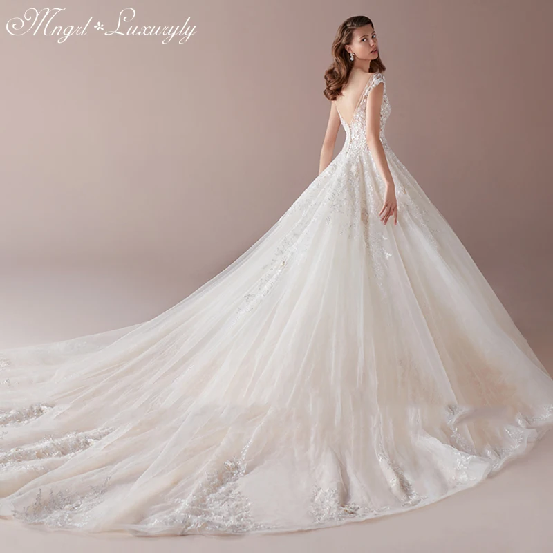 

Luxury Wedding Dresses O Neck Sleeveless Lace Applique Gowns Sexy Backless Court Train Tailor-Made vestidos de novia