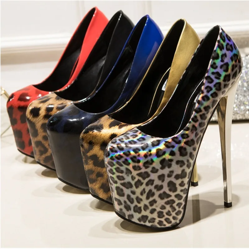 

Leopard Print Women Rainbow Colors Bling Pumps Platform Stilettos Large Size 35-46 Sexy Club Party Super High 19CM Heel