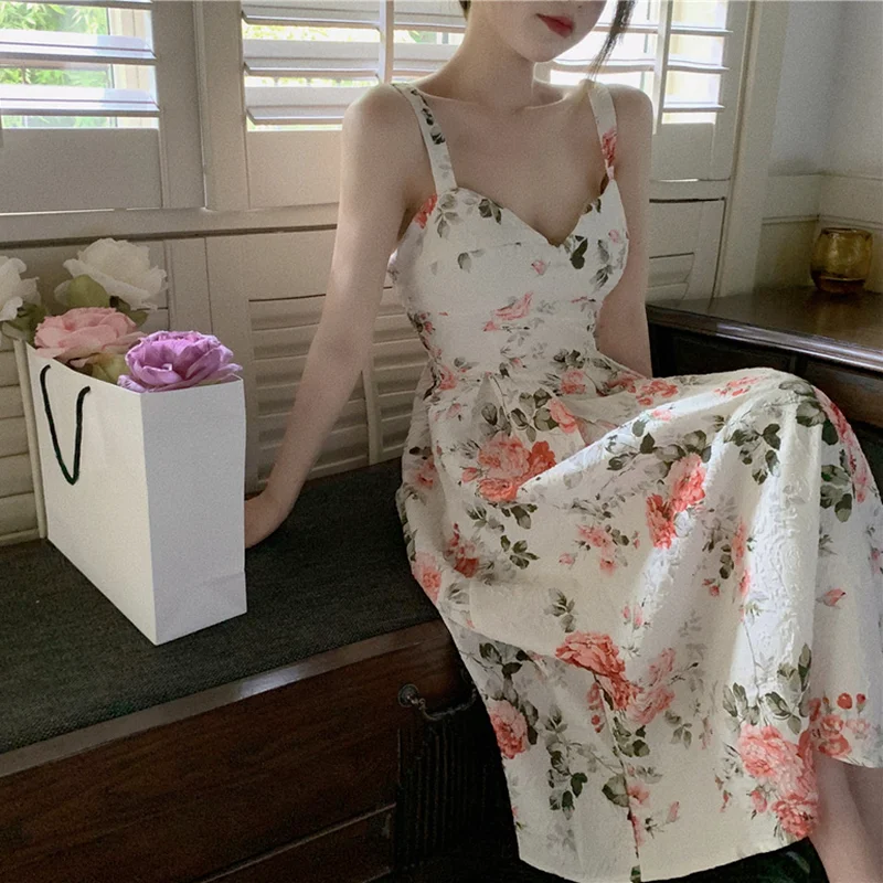 

ZAWAHIKI Elegant Fashion Print Floral Dress Women Summer Sexy V Neck Spaghetti Strap Dress High Waist A-line Mid-calf Vestidos