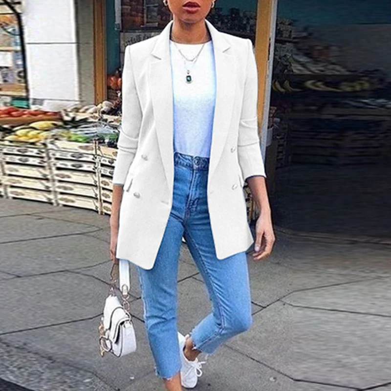 

Elegant Autumn Women Lapel Blazer Suit Fashion Solid Dubble Breasted Office Ladies Cardigan Coat Modern Casual Femme Steetwear