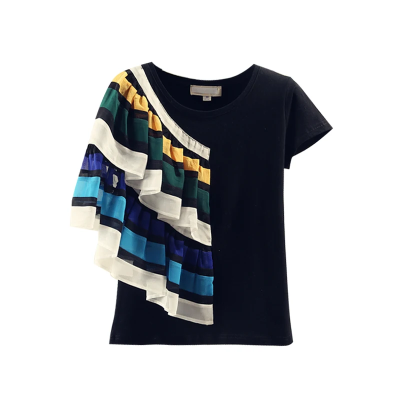 

Elegant Chiffon Ruffled Stitching Cotton Short-Sleeved T-shirt Women 2021 Summer Korean Simply Loose Short-Sleeved Tshirt Tops