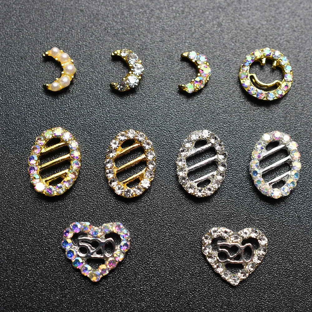 

10pcs Gold Silver Square Moon heart AB Rhinestone Nail Art Decorations simple Alloy 3D Hollow strass Nail Charm Nail Accessory