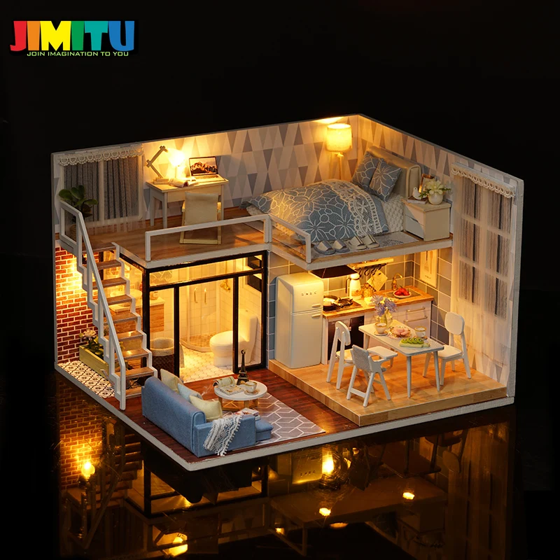 JIMITU CuteRoom Blue Time Кукольный дом DIY Миниатюрный с мебелью музыкальная световая крышка
