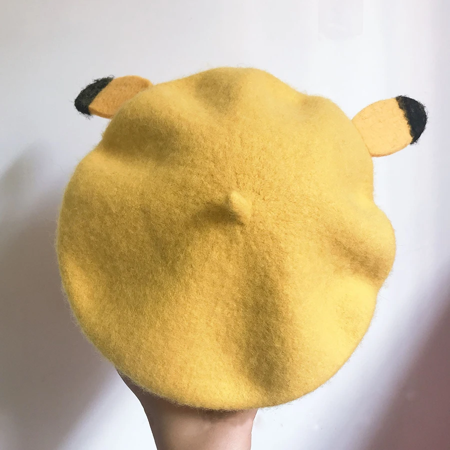 

Anime Lolita Cute Yellow Women Cartoon Berets Wool Hand Made Fall Girls Boys Hats Girls French Artist Beanie Hat Cap
