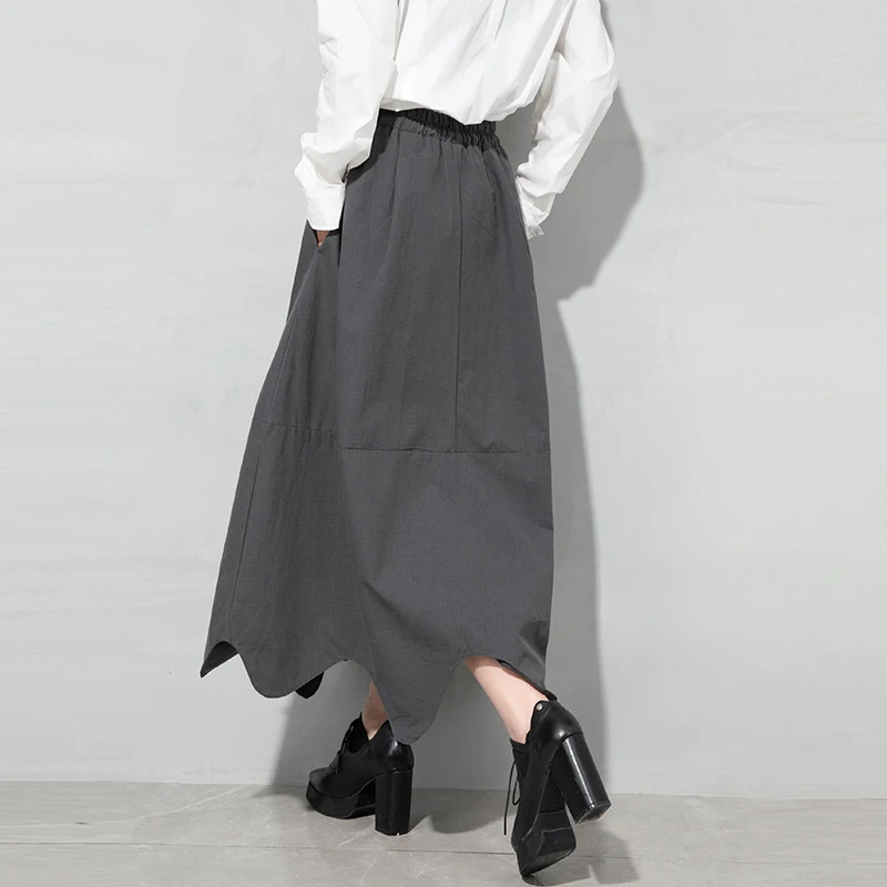 

[EAM] High Elastic Waist Pockets Sashes Spliced Asymmetrical Half-body Skirt Women Fashion Tide New Spring Autumn 2021 1DD6966