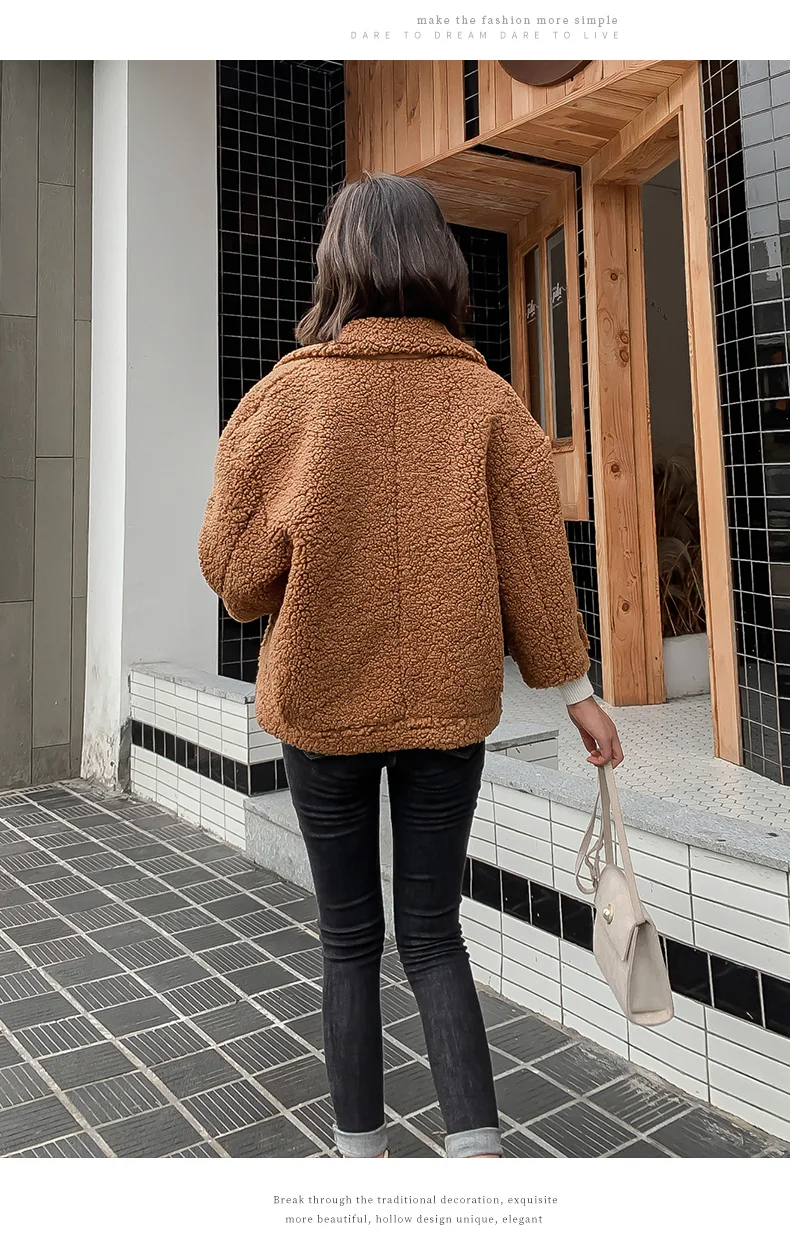 

Women's autumn winter pure color short Lamb wool coat female loose vintage single breasted outware chic Blouse TB3458