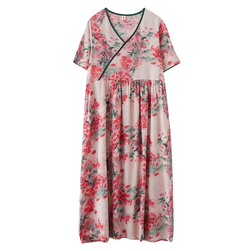 

COIGARSAM National Wind Cotton Linen Women dress New Summer Print Short Sleeve V-Neck Dresses 2018