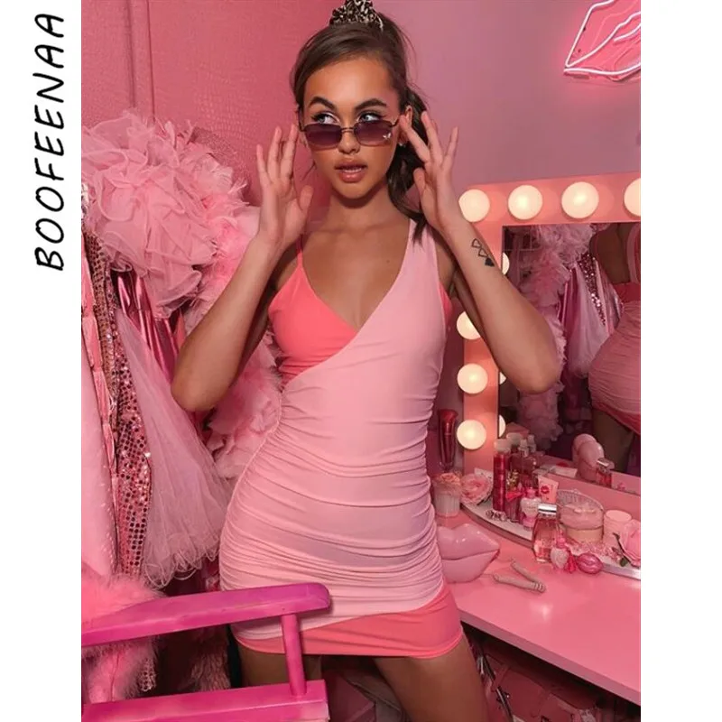 BOOFEENAA розовое лоскутное облегающее мини платье на бретельках женские