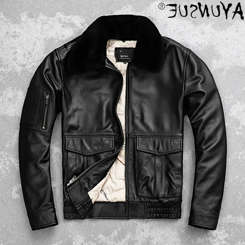 

Men's jacket, cotton and cow leather, motorcycle winter clothing, fur coat, collar
