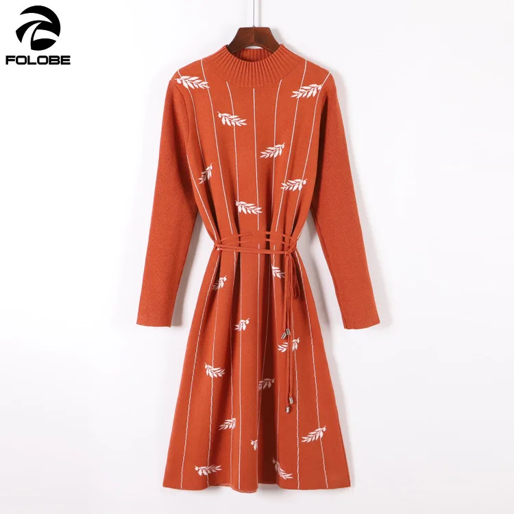 

FOLOBE 2020 Autumn Winter Women Knit Dress Fashion Pullover Sweater Bottoms Dress Long-sleeved Slim Knit Long Dress
