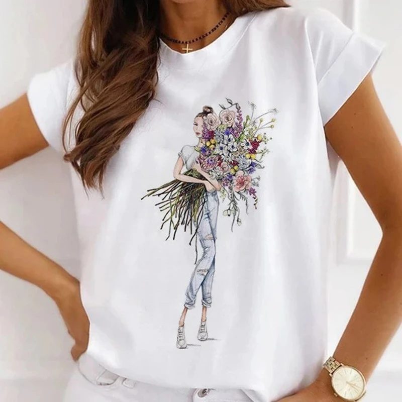 

Футболка женская летняя с коротким рукавом и цветочным принтом