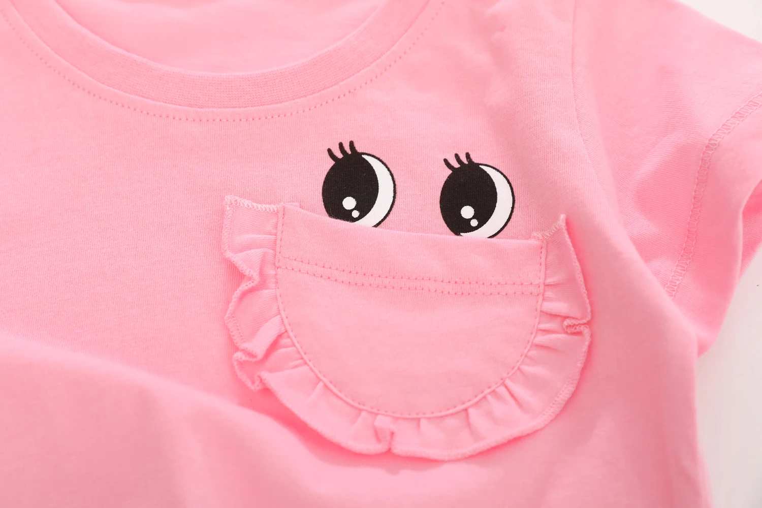 

Little Maven New Summer Children Pink Pocket eyes O-neck Short-sleeved Cotton Knitted Girls Casual Cute Tshirts Tops