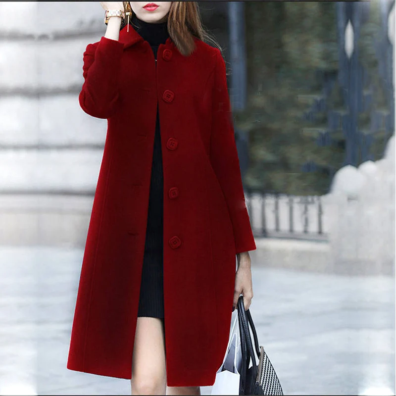 

Women Elegant Pocket Slim Outwear 2021 New Fashion British Solid Button Woolen Coats Female Long Sleeve Coats Windbreaker Korean